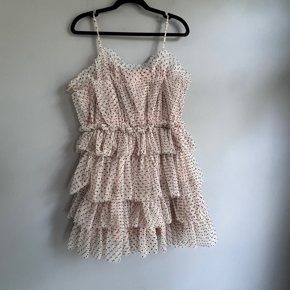 Storia Women Polka Dot Tulle Tiered Ruffle Mini Dress Pink Black HD1406-3 Medium
